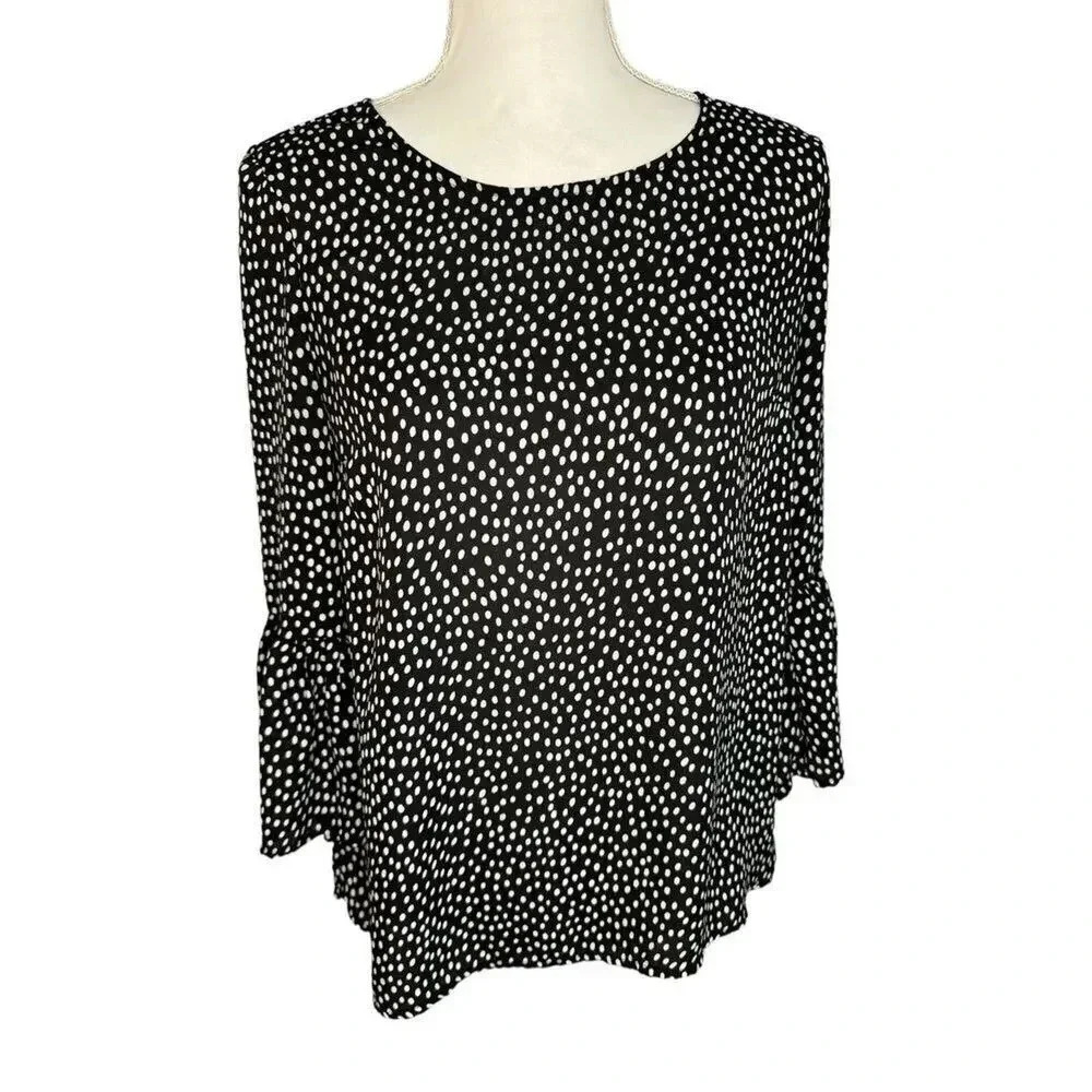 Elle Women’s Small Black & White Polka Dot‎ Bell Sleeve Top